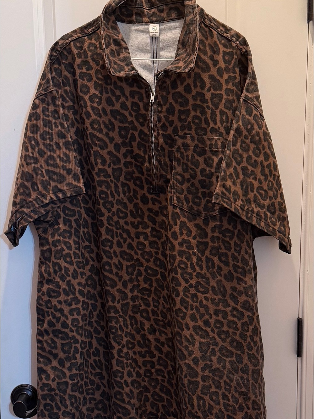 Leopard Print Mini Dress with Half-Zip Collar - Brown